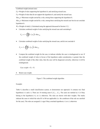 Combined weight (missed case)
Fp←Weight of rules supporting the hypothesis h, and satisfying missed case.
Fn←Weight of rules that do not support the hypothesis h, and satisfy the missed case.
Maxwp←Maximum weight carried by a rule, among those supporting the hypothesis h.
Maxwn←Maximum weight carried by a rule, among those satisfying the missed case but do not conclude
hypothesis h.
Wi←Weight of rule(i) { Calculated using the approach discussed in Section 3.2 }
•

Calculate combined weight of rules satisfying the missed case and concluding h
k

Fp ← 1−

∏ (1 − w )+ Max
i

wp

i =1

•

Calculate combined weight of rules satisfying the missed case, and do not conclude h

∏ (1 − w )+ Max
R

Fn ← 1 −

j

wn

j =1

•

Compute the combined weight for the case, to indicate whether the case is misdiagnosed or not. If
the combined weight of rules in favour of the hypothesis under consideration, is greater than the
combined weight of the other rules, then the case will be diagnosed correctly; otherwise it will be
misdiagnosed.
Case weight = Fp − Fn

•

Return case weight.

Figure 5: The combined weight algorithm

Example:

Table 4, describes a small classification system, to demonstrate our approach. It contains two final
hypotheses (+) and (−). There are 16 training cases C1,C2,…,C16. The cases are marked as (+) if they
belong to the hypothesis (+), or (−) otherwise. The rules are shown with their weights. The marks
indicate the cases to which the rules R1 to R4 are applicable (i.e. the conditions of the rule are satisfied
for the case). The rules are assigned (+) sign if they conclude hypothesis (+) or (−) otherwise

18

 