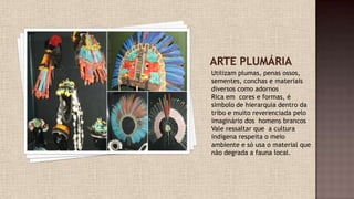 Utilizam plumas, penas ossos,
sementes, conchas e materiais
diversos como adornos
Rica em cores e formas, é
símbolo de hierarquia dentro da
tribo e muito reverenciada pelo
imaginário dos homens brancos
Vale ressaltar que a cultura
indígena respeita o meio
ambiente e só usa o material que
não degrada a fauna local.
 