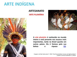 ARTE INDÍGENA
ARTESANATO
ARTE PLUMÁRIA
A arte plumária é conhecida no mundo
inteiro e está presente nos museus mais
importantes, tanto no Brasil quanto em
outros países. Ela é famosa pela sua
beleza e riqueza (1).
Imagens: (a) http://veton.picq.fr / GNU Free Documentation License, (b) Agência Brazil /
Creative Commons Attribution 3.0 Brazil.
 