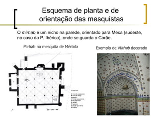 Esquema de planta e de
          orientação das mesquistas
O mirhab é um nicho na parede, orientado para Meca (sudeste,
no caso da P. Ibérica), onde se guarda o Corão.

  Mirhab na mesquita de Mértola      Exemplo de Mirhab decorado
 