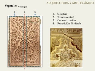 ARQUITECTURA Y ARTE ISLÁMICO 
Vegetales Auterique 
1. Simetría 
2. Tronco central 
3. Geometrización 
4. Repetición ilimitada 
Ataurique 
1 
2 
3 
 