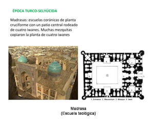 MEZQUITA DE KAIRUÁN (TÚNEZ)
-Uso del arco de herradura
-Minarete de planta cuadrada, estructurado
en varios cuerpos de tamaño decreciente
- Cúpula gallonada sobre el mihrab
 