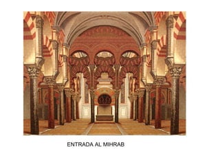 http://www.mezquitadecordoba.org/visitasguiadasmedinaazahara.htm
COMPLEJO DE MEDINA AZAHARA (MADINAT-AL-ZAHRA)
“Ciudad resplandeciente” en árabe.
Ciudad palatina construida por el
califa Abd-Al-Rahmán III en el S. X a
las afueras de la ciudad. Las obras
continuaron con Al-Hakem II, pero
el el S. XI fue abandonada. Por el
momento sólo se ha excavado el
palacio
Tenía una decoración exuberante:
las paredes de las salas principales
estaban recubiertas de paneles
decorativos, como los palacios
omeyas orientales. También había
mosaicos, esculturas de mármol y
abundaban la piedra tallada, el
estuco y la madera tallada y
pintada
 