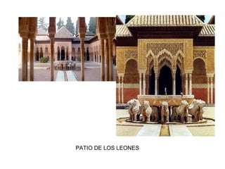 PERIODO NAZARÍ (S. XIII-XV)
-Sobriedad exterior y profusión decorativa en
el interior
-Uso de materiales pobres, ocultos por una
recargada decoración que les proporciona una
apariencia suntuosa.
-Bóvedas decoradas con mocárabes
- Arcos peraltados con forma casi acampanada
-Columnas muy estilizadas con fuste cilíndrico
- Capiteles de dos cuerpos decorados con
atauriques
- Zócalos revestidos de alicatados cerámicos
- Presencia constante del agua y de los
jardines.
PATIO DE LA ACEQUIA,
PALACIO DEL GENERALIFE
 