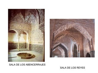 Alhambra significa “fortaleza roja” en árabe. Es una ciudad- palacio amurallada construida en la
colina granadina de la Sabika en los S. XIII y XV. Fue edificada sobre los restos de una fortaleza –
palacio del S. XI por los reyes de la dinastía nazarí, fundamentalmente por Yusuf I (1333- 1354) y
Mohamed V (1354- 1391).
 