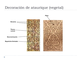 Decoración de ataurique (vegetal)

                       Piñas



        Simetría




        Tronco
        central



   Geometrización


Repetición ilimitada
 