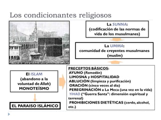 Los condicionantes religiosos
                                            La SUNNA:
                                  (codificación de las normas de
                                     vida de los musulmanes)

                                        La UMMA:
                             comunidad de creyentes musulmanes
                                          (muslim)


                       PRECEPTOS BÁSICOS:
      El ISLAM         AYUNO (Ramadán)
                        LIMOSNA y HOSPITALIDAD
   (abandono a la
                       ABLUCIÓN (limpieza y purificación)
  voluntad de Allah)    ORACIÓN (cinco veces al día)
   MONOTEÍSMO           PEREGRINACIÓN a La Meca (una vez en la vida)
                        YIHAD (“Guerra Santa”: dimensión espiritual y
                       terrenal)
                        PROHIBICIONES DIETÉTICAS (cerdo, alcohol,
EL PARAISO ISLÁMICO    etc.)
 