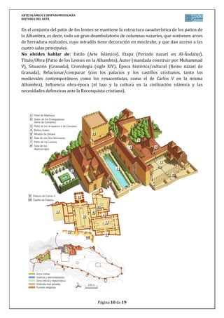 ARTE ISLÁMICO E HISPANOMUSULMÁN
HISTORIA DEL ARTE
Página 10 de 15
En el conjunto del patio de los leones se mantiene la estructura característica de los patios de
la Alhambra, es decir, todo un gran deambulatorio de columnas nazaríes, que sostienen arcos
de herradura realzados, cuyo intradós tiene decoración en mocárabe, y que dan acceso a las
cuatro salas principales.
No olvides hablar de: Estilo (Arte Islámico), Etapa (Periodo nazarí en Al-Ándalus),
Título/Obra (Patio de los Leones en la Alhambra), Autor (mandada construir por Muhammad
V), Situación (Granada), Cronología (siglo XIV), Época histórica/cultural (Reino nazarí de
Granada), Relacionar/comparar (con los palacios y los castillos cristianos, tanto los
medievales contemporáneos como los renacentistas, como el de Carlos V en la misma
Alhambra), Influencia obra-época (el lujo y la cultura en la civilización islámica y las
necesidades defensivas ante la Reconquista cristiana).
 