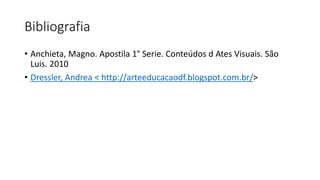 Bibliografia
• Anchieta, Magno. Apostila 1° Serie. Conteúdos d Ates Visuais. São
Luis. 2010
• Dressler, Andrea < http://arteeducacaodf.blogspot.com.br/>
 