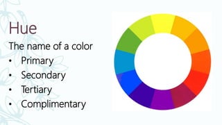 Hue
The name of a color
• Primary
• Secondary
• Tertiary
• Complimentary
 