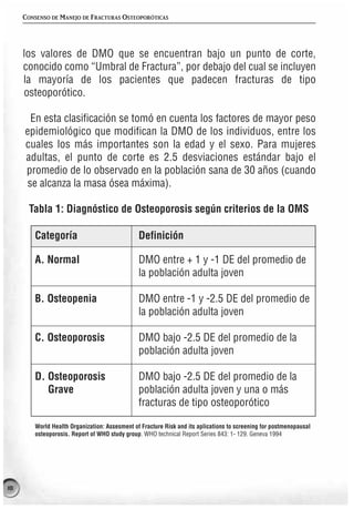 CONSENSO DE MANEJO DE FRACTURAS OSTEOPORÓTICAS




     los valores de DMO que se encuentran bajo un punto de corte,
     conocido como “Umbral de Fractura”, por debajo del cual se incluyen
     la mayoría de los pacientes que padecen fracturas de tipo
     osteoporótico.

      En esta clasificación se tomó en cuenta los factores de mayor peso
     epidemiológico que modifican la DMO de los individuos, entre los
     cuales los más importantes son la edad y el sexo. Para mujeres
     adultas, el punto de corte es 2.5 desviaciones estándar bajo el
     promedio de lo observado en la población sana de 30 años (cuando
     se alcanza la masa ósea máxima).

      Tabla 1: Diagnóstico de Osteoporosis según criterios de la OMS

        Categoría                              Definición

        A. Normal                              DMO entre + 1 y -1 DE del promedio de
                                               la población adulta joven

        B. Osteopenia                          DMO entre -1 y -2.5 DE del promedio de
                                               la población adulta joven

        C. Osteoporosis                        DMO bajo -2.5 DE del promedio de la
                                               población adulta joven

        D. Osteoporosis                        DMO bajo -2.5 DE del promedio de la
           Grave                               población adulta joven y una o más
                                               fracturas de tipo osteoporótico

        World Health Organization: Assesment of Fracture Risk and its aplications to screening for postmenopausal
        osteoporosis. Report of WHO study group. WHO technical Report Series 843: 1- 129. Geneva 1994




18
 