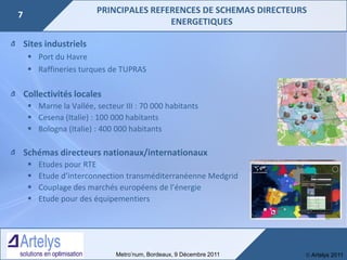  Artelys 2011Metro’num, Bordeaux, 9 Décembre 2011
7 PRINCIPALES REFERENCES DE SCHEMAS DIRECTEURS
ENERGETIQUES
Sites indus...