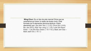 Wing Chun: Es un tipo de arte marcial China que se
caracteriza por tener un estilo de boxeo corto. Está
formado por 6 elementos técnicos-tácticos. Estos
elementos son: (Siu Nim Tao (小念頭); Chum Kiu (尋橋);
Biu Jee (鏢指); Muk Yan Jong (木人樁); Look Dim Boon
Kwan – Luk Dim Bun Gwan (六點半棍) y Baat Jam Dao –
Baat Jaam Do (八斬刀)
 