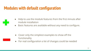 Modules with default configuration
● Cover only the simpliest examples to show off the
functionality
● For real configuration a lot of changes could be needed
19
● Help to use the module features from the first minute after
module installation
● Basic features are available without any need to configure.
 