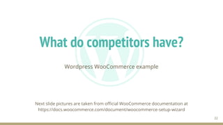What do competitors have?
Wordpress WooCommerce example
Next slide pictures are taken from official WooCommerce documentation at
https://docs.woocommerce.com/document/woocommerce-setup-wizard
22
 