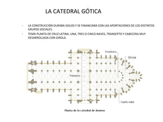 LA CATEDRAL GÓTICA
-

LA CONSTRUCCIÓN DURABA SIGLOS Y SE FINANCIABA CON LAS APORTACIONES DE LOS DISTINTOS
GRUPOS SOCIALES.
TENÍA PLANTA DE CRUZ LATINA, UNA, TRES O CINCO NAVES, TRANSEPTO Y CABECERA MUY
DESARROLLADA CON GIROLA.

 