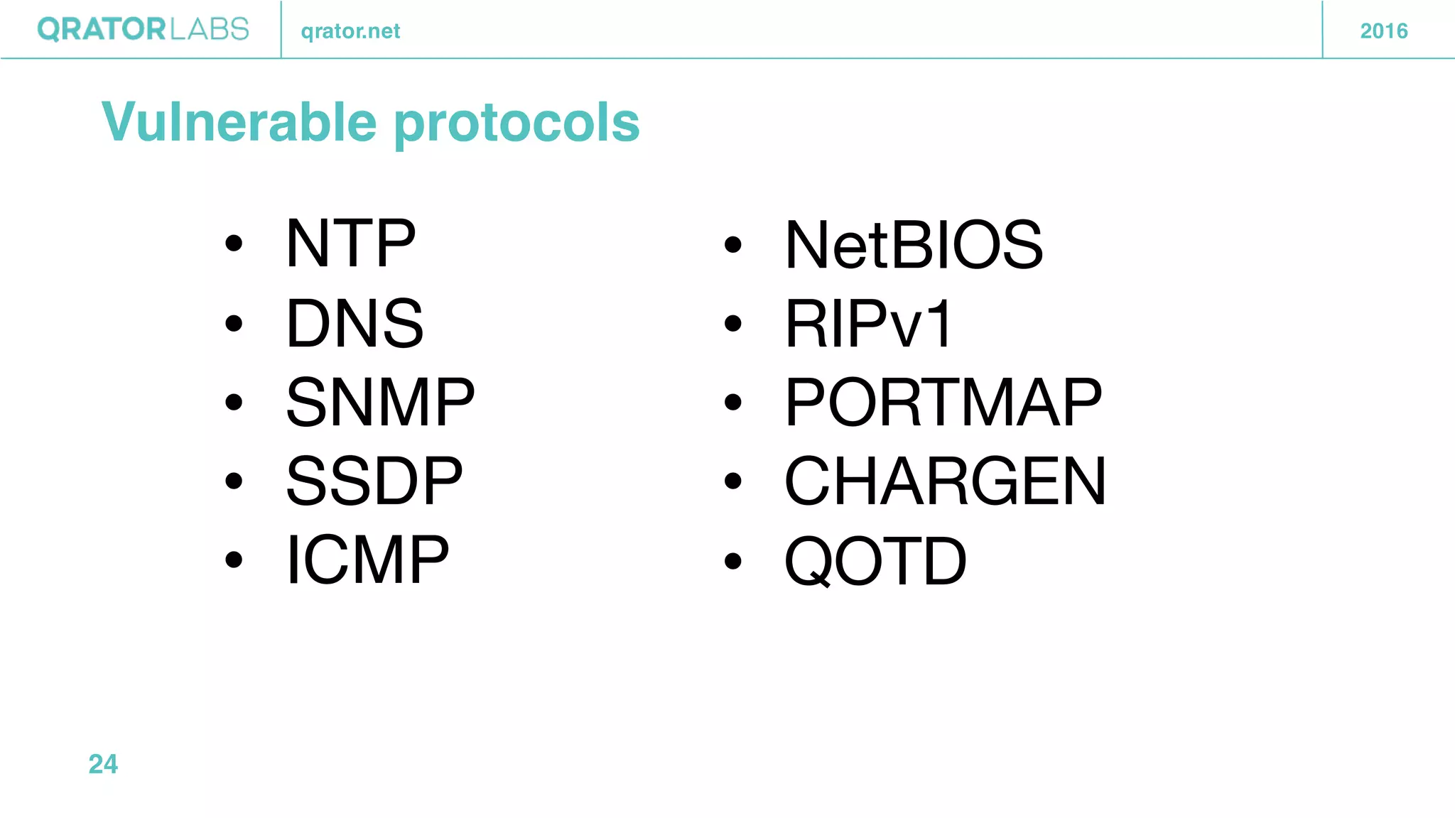 qrator.net 2016
• NTP
• DNS
• SNMP
• SSDP
• ICMP
24
• NetBIOS
• RIPv1
• PORTMAP
• CHARGEN
• QOTD
Vulnerable protocols
 