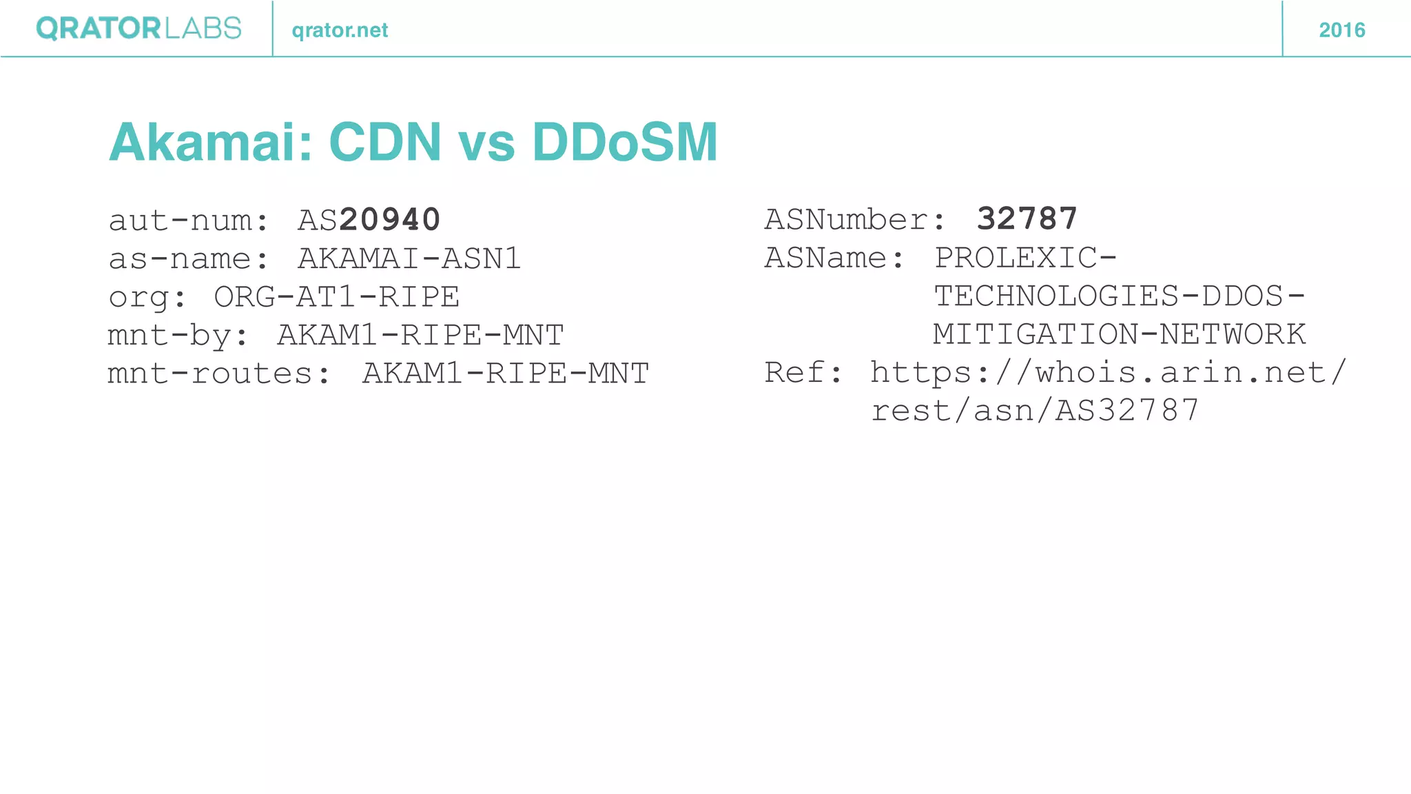 qrator.net 2016
Akamai: CDN vs DDoSM
aut-num: AS20940
as-name: AKAMAI-ASN1
org: ORG-AT1-RIPE
mnt-by: AKAM1-RIPE-MNT
mnt-routes: AKAM1-RIPE-MNT
ASNumber: 32787
ASName: PROLEXIC-
TECHNOLOGIES-DDOS-
MITIGATION-NETWORK
Ref: https://whois.arin.net/
rest/asn/AS32787
 