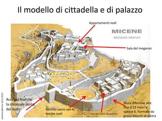 Il modello di cittadella e di palazzo
                                                                         Appartamenti reali




                                                                                                            Sala del megaron
antonio alborino 2012-2013




                             Accesso tramite
                             la colossale porta                                                           Mura difensive alte
                                                                                                          fino a 12 metri e
                             dei leoni            Recinto sacro con le
                                                                                                          spesse 6. Formate da
                                                  tombe reali            Casa del cratere dei guerrieri
                                                                                                          grossi blocchi di pietra
 