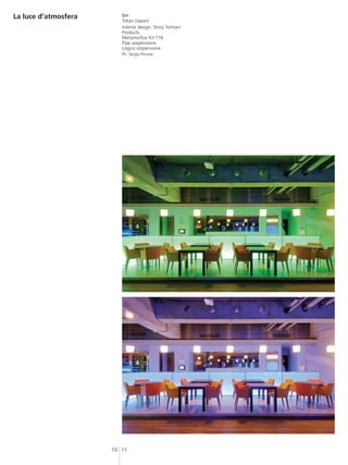La luce d’atmosfera      Sin
                         Tokyo (Japan)
                         Interior design: Shinji Yoritani
                         Products:
                         Metamorfosi Kit T16
                         Pipe sospensione
                         Logico sospensione
                         Ph: Sergio Pirrone




                      10 11
 