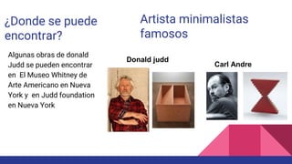 ¿Donde se puede
encontrar?
Algunas obras de donald
Judd se pueden encontrar
en El Museo Whitney de
Arte Americano en Nueva
York y en Judd foundation
en Nueva York
Artista minimalistas
famosos
Donald judd
Carl Andre
 