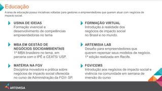 FORMAÇÃO VIRTUAL 
Introdução à realidade dos 
negócios de impacto social 
no Brasil e no mundo. 
MBA EM GESTÃO DE 
NEGÓCIOS SOCIOAMBIENTAIS 
1º MBA brasileiro no tema, em 
parceria com o IPÊ e CEATS/ USP. 
USINA DE IDEIAS 
Formação vivencial e 
desenvolvimento de competências 
empreendedoras no tema 
ARTEMISIA LAB 
Desafio para empreendedores que 
querem repensar seus modelos de negócio. 
1ª edição realizada em Recife. 
MATÉRIA NA FGV 
Disciplina inovadora e prática sobre 
negócios de impacto social oferecida 
no curso de Administração da FGV- SP. 
FGV/CEMS 
Introdução aos negócios de impacto social e vivência na comunidade em semana de imersão do curso 
Educação 
A área de educação possui iniciativas voltadas para gestores e empreendedores que querem atuar com negócios de impacto social.  
