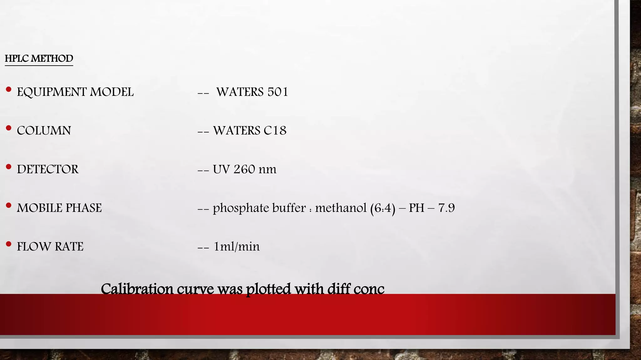 HPLC METHOD
• EQUIPMENT MODEL -- WATERS 501
• COLUMN -- WATERS C18
• DETECTOR -- UV 260 nm
• MOBILE PHASE -- phosphate buffer : methanol (6:4) – PH – 7.9
• FLOW RATE -- 1ml/min
Calibration curve was plotted with diff conc
 