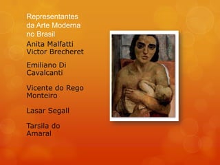 Representantes
da Arte Moderna
no Brasil
Anita Malfatti
Victor Brecheret
Emiliano Di
Cavalcanti

Vicente do Rego
Monteiro

Lasar Segall

Tarsila do
Amaral
 