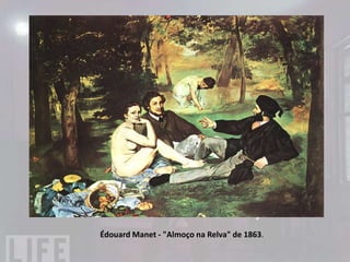 IMPRESSIONISMO
• O grupo tem sua formação associada à
  Académie Suisse e ao ateliê Gleyre, em Paris,
  e entre seus principais integrantes estão:
  Claude Monet, Pierre Auguste Renoir (1841 -
  1919), Alfred Sisley (1839 - 1899), Frédéric
  Bazille (1841 - 1870), Camille Pissarro (1831 -
  1903), Paul Cézanne (1839 - 1906), Edgar
  Degas (1834 - 1917), Berthe Morisot (1841 -
  1895) e Armand Guillaumin (1841 – 1927).
 