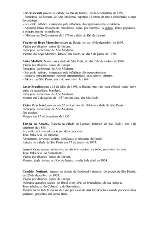 Di Cavalcanti nasceu na cidade do Rio de Janeiro, em 6 de setembro de 1897.
- Participou da Semana de Arte Moderna, expondo 11 obras de arte e elaborando a capa
do catálogo.
- Seu estilo artístico é marcado pela influência do expressionismo e cubismo
- Abordou temas tipicamente brasileiros como, por exemplo, o samba, festas populares,
e principalmente as mulheres.
- Morreu em 26 de outubro de 1976 na cidade do Rio de Janeiro.
Vicente do Rego Monteiro nasceu no Recife, no dia 19 de dezembro de 1899.
Viajou por diversos países da Europa.
Participou da Semana de Arte Moderna.
Vicente do Rego Monteiro faleceu em Recife, no dia 5 de junho de 1970.
Anita Malfatti, Nasceu na cidade de São Paulo, no dia 2 de dezembro de 1889.
Viajou por diversos países da Europa.
Participou da Semana de Arte Moderna.
- Seu estilo artístico é marcado pela influência do expressionismo.
- retratava principalmente pessoas marginalizados dos centros urbanos.
- faleceu em São Paulo, em 6 de novembro de 1964.
Lasar Segall nasceu a 21 de julho de 1891, na Rússia, mas veio para o Brasil muito novo
então se naturalizou brasileiro.
Participou da Semana de Arte Moderna.
Morreu em 2 de agosto de 1957 em sua casa, em São Paulo.
Victor Brecheret, nasceu em 22 de fevereiro de 1894, na cidade de São Paulo.
Participou da Semana de Arte Moderna.
Era escultor.
Morreu em 17 de dezembro de 1955.
Tarsila do Amaral, Nasceu na cidade de Capivari (interior de São Paulo), em 1 de
setembro de 1886.
Seu estilo era marcado pelo uso das cores vivas.
Teve Influência do cubismo.
Abordagem de temas sociais, cotidianos e paisagens do Brasil.
Faleceu na cidade de São Paulo em 17 de janeiro de 1973.
Ismael Nery, nasceu em Belém, no dia 9 de outubro de 1900, em Belém do Pará.
Teve Influência do Surrealismo.
Viajou por diversos países da Europa.
Morreu, ainda jovem, no Rio de Janeiro, no dia 6 de abril de 1934.
Candido Portinari, nasceu na cidade de Brodowski (interior do estado de São Paulo),
em 29 de dezembro de 1903.
Viajou por diversos países da Europa.
Retratou questões sociais do Brasil e um série de brincadeiras de sua infância.
Teve influência do Cubismo e do Surrealismo.
Morreu no dia 6 de fevereiro de 1962 por causa de uma intoxicação causada por elementos
químicos presentes em certas tintas.
 