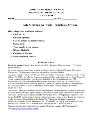 APOSTILA DE ARTES – 9ºS ANOS
PROFESSORA: MEIRE DE FALCO
2º BIMESTRE
NOME:____________________________________ SÉRIE: _____________
Arte Moderna no Brasil – Principais Artistas
Materiais para as atividades práticas:
 Lápis de cor;
 Revistas e jornais;
 Lixa de parede ou papel camurça;
 Giz de cera;
 Tinta guache e cola branca;
 Régua e lápis 6B;
 Caderno de desenho;
 Papel colorido e tesoura;
Tarsila do Amaral
Tarsila do Amaral (Capivari, 1 de setembro de 1886 - São Paulo, 17 de janeiro de 1973) foi uma
pintora brasileira.
É a pintora mais representativa da primeira fase do movimento modernista brasileiro. Seu quadro
Abaporu, de 1928, inaugura o movimento antropofágico nas artes plásticas.
Começou a aprender pintura em 1917, com Pedro Alexandrino. Mais tarde, estuda com George Fischer
Elphons. Em 1920, viaja a Paris e freqüenta a Académie Julien, onde é orientada por Émile Renard. Na
França, conhece Fernand Léger e participa do Salão Oficial dos Artistas Franceses de 1922,
desenvolvendo técnicas influenciadas pelo cubismo. De volta ao Brasil, em 1922, une-se a Anita
Malfatti, Menotti del Picchia, Mário de Andrade e Oswald de Andrade, formando o chamado Grupo
dos Cinco, que defende as idéias da Semana de Arte Moderna e toma a frente do movimento
modernista no país.
Casa-se com Oswald de Andrade em 1926 e, no mesmo ano, realiza sua primeira exposição individual,
na Galeria Percier, em Paris. A partir de então, suas obras adquirem fortes características primitivistas
e nativistas e passam a ser associadas aos Movimentos Pau-Brasil e Antropofágico, idealizados pelo
marido. Em 1933, passa a desenvolver uma pintura mais ligada a temas sociais, da qual são exemplos
as telas Operários e Segunda Classe. Expõe nas 1ª e 2ª Bienais de São Paulo e ganha uma
retrospectiva no Museu de Arte Moderna de São Paulo (MAM) em 1960. É tema de sala especial na
Bienal de São Paulo de 1963 e, no ano seguinte, apresenta-se na 32ª Bienal de Veneza.
Apesar de integrar-se ao Modernismo que surge no Brasil não participou da "Semana de 22".
Site: http://www.tarsiladoamaral.com.br/
 