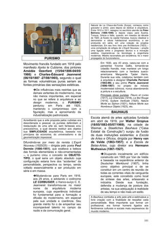101
PURISMO
Movimento francês fundado em 1918 pelo
manifesto Après le Cubisme, dos pintores
Amédée Ozenfant (15/04/1886-04/05/
1966) e Charles-Édouard Jeanneret
(06/10/1887 -27/08/1965), segundo o qual
as formas volumétricas puras seriam as
fontes primárias das sensações estéticas.
➔De influências mais restritas que as
demais vertentes do modernismo, mas
não menos importantes, em especial
no que se refere à arquitetura e ao
design modernos, o PURISMO
perdurou em Paris até 1925,
mantendo o compromisso com a
figuração, mas a aproximando da
industrialização padronizada.
Acreditando que a arte proposta pelos cubistas era
desordenada e pessoal, os puristas defendiam a
restauração de uma arte sã, sem fantasias e/ou
preciosismos, a qual deveria restituir aos objetos
sua SIMPLICIDADE arquitetônica, baseada nos
princípios da economia, do universalismo e da
geometrização impessoal.
Difundindo-se por meio da revista L’Esprit
Nouveau (1920/25) – dirigida pelo poeta Paul
Dermée (1886-1951), que exaltava a beleza
das formas elementares e não-ornamentadas
–, o purismo criou o conceito de OBJETO-
TIPO, o qual seria um objeto absoluto cuja
configuração estaria livre dos “acidentes” da
personalidade, perspectiva ou tempo, sendo
voltado essencialmente a ser produzido em
série e em massa.
➔Mudando-se para Paris em 1916,
aos 29 anos, e adotando o codinome
LE CORBUSIER, o franco-suíço C. E.
Jeanneret transformou-se no maior
nome da arquitetura moderna
europeia, cuja experiência individual
foi fundamental para a formação e
difusão do modernismo, em especial
pela sua unidade e coerência. Seu
grande mérito foi o de empenhar seu
incomparável talento no campo da
razão e da comunicação geral.
Natural de La Chaux-de-Fonds (Suíça), começou como
gravador e pintor, para depois se dedicar à arquitetura.
Entre 1910 e 1911, estagiou no escritório alemão de Peter
Behrens (1868-1940) e depois viajou para Áustria,
Turquia, Grécia e Itália, quando, em meados da década
de 1920, já fixado na capital francesa, buscou idealizar e
demonstrar a célula habitacional econômica, a ser
produzida em série, em uma coleção de projetos
residenciais. Em seu livro Vers une Architecture (1923) –
uma compilação de artigos de L’Esprit Nouveau – propôs
uma ligação entre o progresso técnico e a inovação
estética, inspirando-se na tecnologia e engenharia
modernas. Mestre racionalista por excelência, foi o maior
propagador do funcionalismo.
Em 1930, aos 43 anos, casou-se com a
parisiense Yvonne Gallis, tornando-se
cidadão francês, mas manteve um longo
relacionamento com a herdeira sueco-
americana Marguerite Tjader Harris.
Durante sua vida, colaborou também com
a arquiteta e designer Charlotte Perriand
(1903-99) e seu primo Pierre Jeanneret
(1896-1967) no projeto de móveis
modernistas icônicos, nunca abandonando
a pintura e a escultura.
Principais obras puristas: Fleurs et Livres
(1917), La Cheminée (1918), Le Bol Rouge
(1919), Guitare Verticale (1920), Nature
Morte au Siphon (1921), Nature Morte aux
Nombreux Objets (1923), etc.
BAUHAUS
Escola alemã de artes aplicadas fundada
em abril de 1919, por Walter Gropius
(18/05/1883-05/07/1969), na cidade de
Weimar, a Staatliches Bauhaus (“Casa
Estatal da Construção”) surgiu da fusão
de duas insituições existentes: a Escola
de Artes e Ofícios, dirigida por Henry van
de Velde (1863-1957); e a Escola de
Belas-Artes, cujo diretor era Hermann
Muthesius (1861-1927).
➔Ocupando inicialmente um edifício
construído em 1905 por Van de Velde
e baseada na experiência anterior da
Deutscher Werkbund (1907), tinha
como objetivo principal o de se
constituir em um centro de reunião de
todas as correntes vitais de vanguarda
europeia, este concebido como local
de síntese das artes, artesanato e
indústria. Desde sua fundação,
defendia a mudança de postura dos
artistas, na sua adequação à realidade
de seu tempo e não mais um estilo.
A Bauhaus combatia a arte pela arte e estimulava a
livre criação com a finalidade de ressaltar cada
personalidade. Mais importante que formar um
profissional, era formar homens ligados aos
fenômenos culturais e sociais mais expressivos do
mundo moderno.
 