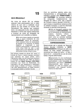 91
1
15
5
A
AR
RT
TE
E M
MO
OD
DE
ER
RN
NA
A I
I
No início do século XX, os artistas
estavam mais preocupados com a visão
interna do que com a realidade visual
externa do que existia no mundo real.
Decretaram não apenas que qualquer
tema era adequado à arte, como também
libertaram a forma das regras tradicionais
e livraram as cores da obrigação de
representarem com exatidão os objetos.
➔No cerne dessa rejeição ao passado
havia a busca incessante de uma
LIBERDADE radical de expressão.
Como estavam livres da necessidade
de agradar a um mecenas, os artistas
elegeram a imaginação e suas
próprias preocupações e experiencias
como única fonte de arte, a qual
seguiu para a pura abstração, em que
dominariam formas, linhas e cores.
Na primeira metade do século XX, reinou a
Escola de Paris e, mesmo aquelas correntes
que nasceram em outros países, como
Alemanha e Itália, era da França que emanava
a revolução modernista. Em 1905, ao mesmo
tempo em que Albert Einstein (1879-1855)
anunciava sua Teoria da Relatividade, foi
aprovada a lei que assegurava a separação
entre Igreja e Estado na França: a primeira
não mais desempenharia um papel intrusivo
na educação estatal ou também na arte.
Com os caminhos abertos pelos pós-
impressionistas e, principalmente, pelos
trabalhos guiados pelo PRIMITIVISMO e
pelo FAUVISMO, as correntes artísticas
de vanguarda multiplicaram-se nas
décadas de 1900 e 1910, até o advento
da Primeira Guerra Mundial (1914/18), o
qual rompeu a experiência recíproca entre
os artistas europeus, a qual foi retomada
somente no período entre-guerras.
➔Entre as linguagens estéticas mais
inovadoras da ARTE MODERNA, cita-
se os movimentos do expressionismo,
cubismo, futurismo, orfismo e
vorticismo, entre diversas outras,
assim como as correntes abstratas
que nasceram na Holanda e também
na Rússia pré-revolucionária.
EXPRESSIONISMO
Desenvolvida até a eclosão da Segunda
Guerra Mundial (1939/45), a ARTE
EXPRESSIONISTA distinguiu-se pela sua
ênfase na forte reação psicológica e
emocional do artista ao tema – e não o
tema em si –, conduzindo ao uso de cores
fortes e figuras deformadas.
➔Basicamente, foi uma manifestação
artística caracterizada por uma grande
espiritualidade e pela intensidade de
sentimentos, que usava o EXAGERO
deliberadamente para distorcer a
realidade por meio de imagens que
evocassem uma resposta emotiva
máxima do observador.
1900
Primeira Guerra
Mundial (1914/18)
1960
Art Nouveau
1930
Cubismo
Vorticismo
Sessezion Movimentos Russos
Futurismo
Purismo
Arte Metafísica
Bauhaus
Expressionismo
Fauvismo Dadaísmo
Surrealismo
Art Déco | Muralismo
Neoplasticismo
Elementarismo
International Style
Orfismo
Celebralismo
Neorracionalismo
Expressionismo Abstrato
Brutalismo
Arte Concreta
Segunda Guerra
Mundial (1939/45)
Preciocismo | Regionalismo
Art Brut
 