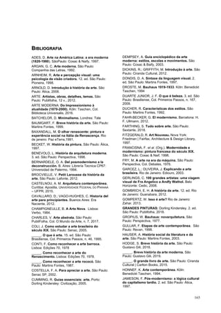 165
B
BI
IB
BL
LI
IO
OG
GR
RA
AF
FI
IA
A
ADES, D. Arte na América Latina: a era moderna
(1820-1980). SãoPaulo: Cosac & Naify, 1997.
ARGAN, G. C. Arte moderna. São Paulo:
Companhia das Letras, 1992.
ARNHEIM, R. Arte e percepção visual: uma
psicologia da visão criadora. 12. ed. São Paulo:
Pioneira, 1998.
ARNOLD, D. Introdução à história da arte. São
Paulo: Ática, 2008.
ARTE: Artistas, obras, detalhes, temas. São
Paulo: Publifolha, 12 v., 2012.
ARTE MODERNA: Do Impressionismo à
atualidade (1870-2000). Köln: Taschen, Col.
Biblioteca Universalis, 2016.
BATCHELOR, D. Minimalismo. Londres: Tate
BAUMGART, F. Breve história da arte. São Paulo:
Martins Fontes, 1999.
BAXANDALL, M. O olhar renascente: pintura e
experiência social na Itália da Renascença. Rio
de janeiro: Paz eTerra,1991.
BECKET, W. História da pintura. São Paulo: Ática,
1997.
BENEVOLO, L. História da arquitetura moderna.
3. ed. São Paulo: Perspectiva, 1998.
BERNARDELE, O. A. Del posmodernismo a la
deconstrucción. B. Aires: Librería Tecnica CP67:
Universidad de Palermo, 1994.
BROCVIELLE, V. Petit Larousse da história da
arte. São Paulo: Lafonte, 2012.
CASTELNOU, A. M. Arquitetura contemporânea.
Curitiba: Apostila, UNIVERSIDADE FEDERAL DO PARANÁ
– UFPR, 2015.
CAVALLARO, D.; VAGO-HUGHES, C. Historia del
arte para principiantes. Buenos Aires: Era
Naciente, 2012.
CHAMPIGNEULLE, B. A Arte Nova. Lisboa:
Verbo, 1984.
CHARLES, V. Arte abstrata. São Paulo:
PubliFolha, Col. O Mundo da Arte, n. 7, 2017.
COLI, J. Como estudar a arte brasileira do
século XIX. São Paulo: Senac, 2005.
_____. O que é arte. 15. ed. São Paulo:
Brasiliense, Col. Primeiros Passos, n. 46, 1995.
CONTI, F. Como reconhecer a arte barroca.
Lisboa: Edições 70, 1978
_____. Como reconhecer a arte do
Renascimento. Lisboa: Edições 70, 1978.
_____. Como reconhecer a arte rococó. São
Paulo: Martins Fontes, 1987.
COSTELLA, F. A. Para apreciar a arte. São Paulo:
Senac SP, 2002.
CUMMING, R. Guias essenciais: arte. Porto:
Dorling Kindersley: Civilização, 2005.
DEMPSEY, A. Guia enciclopédico da arte
moderna: estilos, escolas e movimentos. São
Paulo: Cosac & Baify, 2003.
DICKINS, R.; GRIFFITH, M. Introdução à arte. São
Paulo: Ciranda Cultural, 2012.
DONDIS, D. A. Sintaxe da linguagem visual. 2.
ed. São Paulo: Martins Fontes, 1997.
DROSTE, M. Bauhaus 1919-1933. Köln: Benedickt
Taschen, 1994
DUARTE JUNIOR, J. F. O que é beleza. 3. ed. São
Paulo: Brasiliense, Col. Primeiros Passos, n. 167,
2009.
DUCHER, R. Características dos estilos. São
Paulo: Martins Fontes, 1992.
FAHR-BECKER, G. El modernismo. Barcelona: H.
F. Ullmann, 2012.
FARTHING, S. Tudo sobre arte. São Paulo:
Sextante, 2018.
FITZGERALD, R. Art Nouveau. Nova York:
Friedman | Fairfax, Architecture & Design Library,
1997.
FRANCISNA, F. et al. (Org.). Modernidade e
modernismo: pintura francesa do século XIX.
São Paulo: Cosac & Naif, 1998.
FRY, M. A arte na era da máquina. São Paulo:
Perspectiva, Col. Debates, 1976.
GARCEZ, L.; OLIVEIRA, J. Explicando a arte
brasileira. Rio de Janeiro: Ediouro, 2003.
GERLINGS, C. 100 grandes artistas: uma viagem
visual de Fra Angelico a Andfy Wathol. Belo
Horizonte: Cedic, 2008.
GOMBRICH, E. H. A história da arte. 12. ed. Rio
de Janeiro: Guanabara, 2012.
GOMPERTZ, W. Isso é arte? Rio de Janeiro:
Zahar. 2013.
GRANDES PINTURAS: Dorling Kindersley. 2. ed.
São Paulo: Publifolha, 2018.
GROPIUS, W. Bauhaus: novarquitetura. São
Paulo: Perspectiva, 1977.
GULLAR, F. Etapas da arte contemporânea. São
Paulo: Revan, 1998.
HAUSER, A. História social da literatura e da
arte. São Paulo: Martins Fontes, 2003.
HODGE, S. Breve história da arte. São Paulo:
Gustavo Gili, 2018.
_____. Breve história da arte moderna. São
Paulo: Gustavo Gili, 2019.
_____. O grande livro de arte. São Paulo: Ciranda
Cultural | Carlton Books, 2015.
HONNEF, K. Arte contemporânea. Köln:
Benedickt Taschen, 1994.
JAMESON, F. Pós-modernismo: a lógica cultural
do capitalismo tardio. 2. ed. São Paulo: Ática,
1997.
 