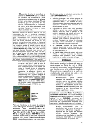 93
➔Buscando devolver à sociedade o
estado de HARMONIA que se perdera
no processo de modernização, seus
membros acreditavam que os artistas
tinham uma missão espiritual. Menos
frenéticos que os expoentes do Die
Brücke, compartilhavam a convicção
de que a arte podia expressar uma
verdade humana intrínseca e repor
algum sentido à vida.
Kandinsky nasceu em Moscou, filho de um rico
comerciante de chá e formou-se advogado,
lecionando Direito e casando-se com sua prima
Anna Chimyakina em 1892. Três anos depois, aos
29 anos, impressionou-se com o quadro Monte de
Feno de Monet, decidindo se mudar no ano
seguinte para a Alemanha e estudar na Academia
de Artes de Munique. Ajudado pelos recursos do
pai, organizou grupos de artistas, ensinou arte e
viajou muito com sua aluna e amante, a pintora
Gabriele Münter (1877-1962). Em 1908, foi com
ela para Murnau (Baviera), mas somente se
divorciou da primeira esposa em 1916. Em 1911,
aos 45 anos, fundou Der Blaue Reiter com Franz
Marc (1880-1916); e, no ano seguinte, publicou o
livro Do espiritual na arte, no qual argumentava ser
possível comunicar cores e formas sem referências
aos objetos, passando a explorar a arte abstrata.
Com o início da Primeira Guerra Mundial
(1914/18), teve que ir para a Suíça e
depois para a Suécia, onde se casou com
Nina Andreievskaya, em 1917; ano em que
voltou à Rússia devido à Revolução
Soviética. Lá, ajudou o governo a
reorganizar a educação artística em
Moscou, mas, desiludido, voltou para a
Alemanha em 1921, quando começou a
trabalhar na Bauhaus. Morreu aos 78 anos
como cidadão francês. Principais obras
expressionistas: O Cavaleiro Azul (1903 |
1909), Outono na Baviera (1908), Casas
em Munique (1908), Paisagem de Inverno
(1909), Improvisação VII (1910), etc.
.
Além de Kandinsky e do casal de pintores
russos Alexej von Jawlensky (1864-1941) e
Marianne von Werefkin (1860-1938),
trabalharam com Der Blaue Reiter os alemães
Paul Klee (1879-1940), Franz Marc (1880-
1916) e August Macke (1887-1914). Seus
trabalhos repercutiram-se em Paris, cujo maior
expoente foi o lituano Chaïm Soutine (1893-
1943), o qual absorveu traços expressionistas.
Em termos gerais, os principais elementos da
ARTE EXPRESSIONISTA são:
• Renúncia do artista à sua própria condição de
intelectual burguês em favor daquela de mero
trabalhador braçal – ou “homem do povo”:
Crítica direta aos impressionistas que somente
captavam a realidade, sem transformá-la ou
recriá-la a partir do nada;
• Concepção da técnica não como linguagem
definida a priori, mas como trabalho (ação
criativa): Pesquisa sobre a gênese do ato
artístico, resultando na rudeza tal como se
nunca se tivesse criado/trabalhado antes;
• Busca da deformação não como caricatura da
realidade, mas expressão em estado puro ou
primitivo: Passagem da beleza da dimensão
ideal para a real, subvertendo seu significado
para o de fealdade (condição existencial);
• Na PINTURA, emprego de pasta densa,
manchas alastrantes e cores violentas, com
ausência de matizes e esfumaduras (imagens
de força impactante); e
• Na ESCULTURA, retorno às origens pela forma
unitária e arcaica, escavada ou lascada:
Predileção pela xilogravura, onde a imagem
imprime-se na matéria em um ato de força.
CUBISMO
Movimento artístico fundamental que se
desenvolveu em Paris de 1907 a 1914,
rompendo com muitas convenções visuais
que dominavam a arte ocidental desde o
Renascimento, especialmente a partir da
multiplicação dos pontos de vista e da
descontinuidade das imagens.
➔Influenciados pelos últimos
trabalhos de Cézanne e pela arte
primitiva negra, os artistas cubistas
introduziram a quadridimensionalidade
(tempo) na arte ocidental, assim como
a GEOMETRIZAÇÃO das figuras, que
passaram a ser decompostas por
linhas, superfícies e cores.
Iniciado com o espanhol Pablo Ruiz Picasso
(25/10/1881-08/04/1973) e o francês Georges
Braque (1882-1963) – chamados “cubistas de
galeria” –, o CUBISMO começou em
Montmartre (Paris) através de obras que foram
criticadas por apresentarem imagens reais
reduzidas a elementos geométricos primários.
➔Sem compromisso com as
aparências, tais pintores precursores
combinavam diferentes ângulos e
aspectos de um objeto em natures
mortes, criando imagens que
precisavam ser decifradas, o que fez
com que o observador se tornasse um
participante ativo da obra de arte.
DER BLAUE
REITER
(WASSILY
KANDINSKY,
1903)
 