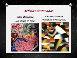 Artistas destacados
Olga Rozanova
(La mujer en rosa)
Kasimir Malevitch
(elementos morfológicos)
 