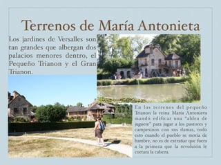 Terrenos de María Antonieta
Los jardines de Versalles son
tan grandes que albergan dos
palacios menores dentro, el
Pequeño Trianon y el Gran
Trianon.




                                E n l o s te r r e n o s d e l p e q u e ñ o
                                Trianon la reina María Antonieta
                                mandó edificar una “aldea de
                                juguete” para jugar a los pastores y
                                campesinos con sus damas, todo
                                esto cuando el pueblo se moría de
                                hambre, no es de extrañar que fuera
                                a la primera que la revoluión le
                                cortara la cabeza.
 