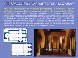 Hay una destrucción de espacios prolongados o continuos; por el contrario se crean breves espacios ópticos de límites horizontales imprecisos.  Esto se consigue siempre con cierta uniformidad, empleando medios arquitectónicos como las columnas que actúan como cortinajes o bambalinas para romper la línea de fuga o huída de espacios excesivamente largos. También la luz se utiliza para acortar espacios en forma de chorros cegadores que no permiten apreciar los verdaderos límites de estos espacios: discontinuidad. 