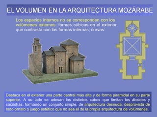 Los espacios internos no se corresponden con los  volúmenes externos : formas cúbicas en el exterior que contrasta con las formas internas, curvas. Destaca en el exterior una parte central más alta y de forma piramidal en su parte superior.  A su lado se adosan los distintos cubos que limitan los ábsides y sacristías, formando un conjunto simple, de  arquitectura desnuda, desprovista de todo ornato o juego estético que no sea el de la propia arquitectura de volúmenes. 