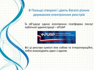 Їх об’єднує єдина електронна платформа послуг
публічної адміністрації – ePUAP
Всі ці реєстри сумісні між собою та інтеропераційні,
тобто взаємодіють один з одним.
В Польщі створені і діють багато різних
державних електронних реєстрів
 
