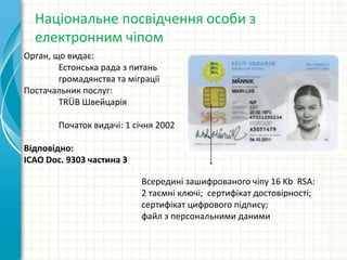 Національне посвідчення особи з
електронним чіпом
Орган, що видає:
Естонська рада з питань
громадянства та міграції
Постачальник послуг:
TRÜB Швейцарія
Початок видачі: 1 січня 2002
Відповідно:
ICAO Doc. 9303 частина 3
Всередині зашифрованого чіпу 16 Kb RSA:
2 таємні ключі; сертифікат достовірності;
сертифікат цифрового підпису;
файл з персональними даними
 