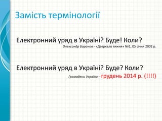 Замість термінології
Електронний уряд в Україні? Буде! Коли?
Олександр Баранов - «Дзеркало тижня» №1, 05 січня 2002 р.
Електронний уряд в Україні? Буде? Коли?
Громадяни України – грудень 2014 р. (!!!!)
 