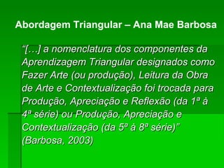 “ […] a nomenclatura dos componentes da Aprendizagem Triangular designados como Fazer Arte (ou produção), Leitura da Obra de Arte e Contextualização foi trocada para Produção, Apreciação e Reflexão (da 1ª à 4ª série) ou Produção, Apreciação e Contextualização (da 5ª à 8ª série)” (Barbosa, 2003)‏ Abordagem Triangular – Ana Mae Barbosa 