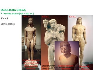 Kroisos (Kouros de
Anavysos). Mármore.
600 a.C.
ESCULTURA GREGA
 Período arcaico (700 – 500 a.C.)
570 a.C. 525 a.C.
Moscóforo (O Homem
com o Vitelo). Mármore.
560 a.C.
Estátua Funerária
de um Jovem da
Ática (Kouros).
Mármore.
Cabeça Rampim.
Mármore.
•Kouroi
Sorriso arcaico
PROF. WILLIANS MARTINS DE AMORIM - ARTES
 