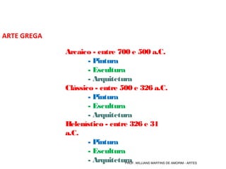 ARTE GREGA
Arcaico - entre 700 e 500 a.C.
- Pintura
- Escultura
- Arquitetura
Clássico - entre 500 e 326 a.C.
- Pintura
- Escultura
- Arquitetura
Helenístico - entre 326 e 31
a.C.
- Pintura
- Escultura
- ArquiteturaPROF. WILLIANS MARTINS DE AMORIM - ARTES
 