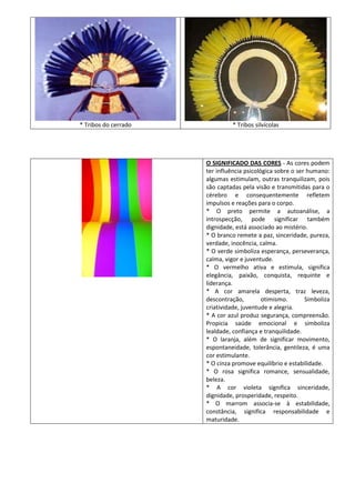 * Tribos do cerrado             * Tribos silvícolas




                      O SIGNIFICADO DAS CORES - As cores podem
                      ter influência psicológica sobre o ser humano:
                      algumas estimulam, outras tranquilizam, pois
                      são captadas pela visão e transmitidas para o
                      cérebro e consequentemente refletem
                      impulsos e reações para o corpo.
                      * O preto permite a autoanálise, a
                      introspecção, pode significar também
                      dignidade, está associado ao mistério.
                      * O branco remete a paz, sinceridade, pureza,
                      verdade, inocência, calma.
                      * O verde simboliza esperança, perseverança,
                      calma, vigor e juventude.
                      * O vermelho ativa e estimula, significa
                      elegância, paixão, conquista, requinte e
                      liderança.
                      * A cor amarela desperta, traz leveza,
                      descontração,         otimismo.       Simboliza
                      criatividade, juventude e alegria.
                      * A cor azul produz segurança, compreensão.
                      Propicia saúde emocional e simboliza
                      lealdade, confiança e tranquilidade.
                      * O laranja, além de significar movimento,
                      espontaneidade, tolerância, gentileza, é uma
                      cor estimulante.
                      * O cinza promove equilíbrio e estabilidade.
                      * O rosa significa romance, sensualidade,
                      beleza.
                      * A cor violeta significa sinceridade,
                      dignidade, prosperidade, respeito.
                      * O marrom associa-se à estabilidade,
                      constância, significa responsabilidade e
                      maturidade.
 