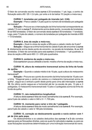 ARTE NAVAL80
O fator de conversão escrito nesta curva é 25 toneladas / 1 pé; logo, o centro de
flutuação está a 60 / 25 = 2,4 pés, por ante a ré da baliza 10 (seção a meia-nau).
CURVA 7, toneladas por polegada de imersão (art. 2.84).
Exemplo – Para o calado 7,5 pés qual é o número de toneladas por polegada
de imersão?
Solução – Procura-se a interceptação da linha horizontal correspondente ao
calado 7,5 com a curva 7; diretamente acima deste ponto, na escala de toneladas,
lê-se 650 toneladas. O fator de conversão desta curva é 50 toneladas / 1 tonelada.
Logo, para 7,5 pés de calado, o número de toneladas por polegada de imersão é 650
= 13 toneladas.
CURVA 8, área da seção a meia-nau.
Exemplo – Qual é a área da seção a MN para o calado médio de 9 pés?
Solução – Segue-se a linha horizontal do calado 9 pés até encontrar a curva
8; diretamente acima deste ponto de encontro, na escala de toneladas, lê-se 400
toneladas. O fator de conversão para esta curva é 2 toneladas / 1 pé quadrado; a
área da seção a MN será 400 / 2 = 200 pés quadrados.
CURVA 9, contorno da seção a meia-nau.
Esta curva tem pouca utilidade a bordo: mostra a forma da seção a meia-nau.
CURVA 10, altura do metacentro transversal acima da linha de fundo
da quilha.
Exemplo – Quando o calado médio é de 10 pés, qual a altura do metacentro
transversal?
Solução – Procura-se o ponto de encontro da linha horizontal de 10 pés com
a linha “Diagonal para o centro de carena e o metacentro transversal acima da
quilha”, segue-se a vertical a partir deste ponto para cima até interceptar a curva
10. Do último ponto segue-se a horizontal até ler na escala de pés, 13 pés e 3
polegadas. O metacentro transversal está 13 pés e 3 polegadas acima da linha do
fundo da quilha.
CURVA 11, raio metacêntrico longitudinal.
A leitura desta curva é feita de modo semelhante à da curva 5. Por exemplo,
para 9 pés de calado o valor é 340 x 5 = 1.700 pés.
CURVA 12, momento para variar o trim de 1 polegada.
A leitura desta curva é feita de modo semelhante à da curva 5. Por exemplo,
para 9 pés de calado o valor é 190 pés-toneladas.
CURVA 13, correção ao deslocamento quando o navio estiver com 1
pé de trim pela popa.
Os deslocamentos e os calados deduzidos das curvas 1 e 2 são corretos
apenas para as flutuações direitas, para as quais foi calculada a curva, ou para as
suas flutuações isocarenas determinadas por uma inclinação transversal do navio.
 