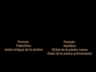 Periodo
Paleolítico
(edad antigua de la piedra)
Periodo
Neolítico
(Edad de la piedra nueva
Edad de la piedra pulimentada)
 