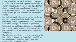L'image représente une illustration numérique
d'un motif ornemental de style Art Déco inspiré
de l'art médiéval. Le motif est créé à partir d'un
design géométrique complexe de formes
stylisées avec des motifs floraux et des éléments
symétriques, qui sont enroulés les uns sur les
autres.
Le motif principal est encadré par un cercle, qui
est à son tour entouré par des formes
géométriques qui rappellent des fleurs stylisées.
Le fond de l'image est de couleur gris foncé,
tandis que les motifs principaux sont de couleur
blanche. La combinaison de ces couleurs donne
un contraste fort et permet au motif de ressortir
clairement.
Dans l'ensemble, l'image montre un exemple de
combinaison de deux styles artistiques différents,
l'Art Déco et l'art médiéval, pour créer une
 