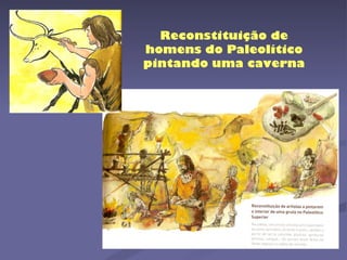 Reconstituição de homens do Paleolítico pintando uma caverna 